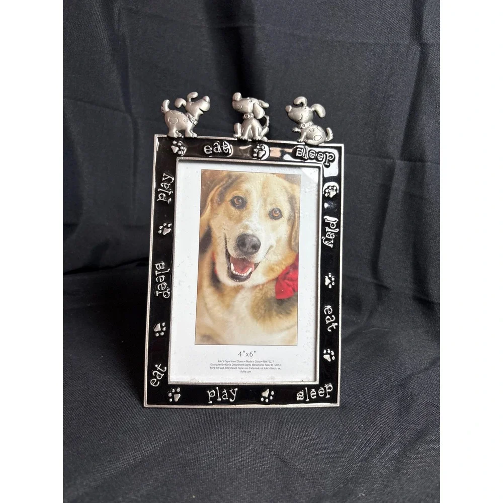 Kohls Dog Picture Frame 4x6 Silver Metal Eat Play Sleep 3D Puppy Figurines Black